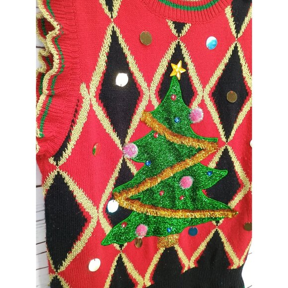 Blizzard Bay Womens Ugly Christmas Sweater Vest L Red Green Tree Sequins Gold Di - Picture 6 of 6